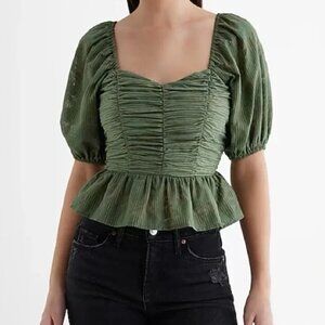 Express Striped Floral Puff Sleeve Ruched Peplum Top | Size L